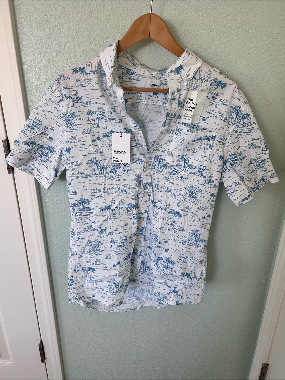 Sonoma White Short-Sleeve Button-Down with Blue Coastal Print